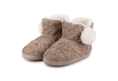 Totes Isotoner Cable Knit Boot Slippers w Pompom Brown Small (3187JBRNS)