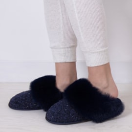 Totes Isotoner Textured Faux Fur Mule Slippers Navy Medium (3575JNAVM)