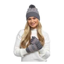 Ladies Fairisle Knitted Hat & Glove Set w Pom Pom (GL1188)