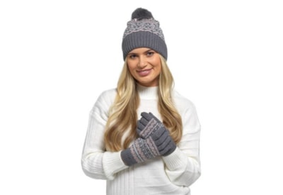 Ladies Fairisle Knitted Hat & Glove Set w Pom Pom (GL1188)