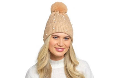 Ladies Ribbed Hat w Pearl/sequin & Pom Pom (GL1194)