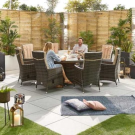 Nova Ruxley 8 Seat Dining Set & Fire Pit 1.8m Round Table Brown