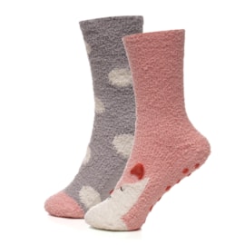 Ladies 2pk Animal Novelty Cosy Socks w Gripper (SK1251)