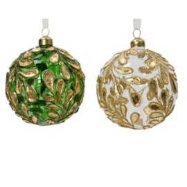 Glass Bauble With Gold Leaves & Glitter Branches 10cm (070013)