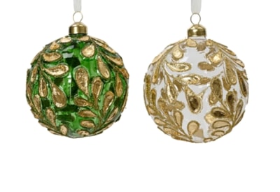Glass Bauble With Gold Leaves & Glitter Branches 10cm (070013)