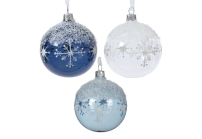 Glass Bauble Snowflake With Snow Top Assorted 8cm (080574)