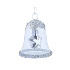 Glass Bell With Silver Glitter & Beads Silver 7.5cm (121320)