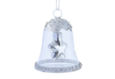 Glass Bell With Silver Glitter & Beads Silver 7.5cm (121320)