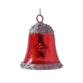 Glass Bell w Silver Glitter & Beads Christmas Red 7.5cm (121322)