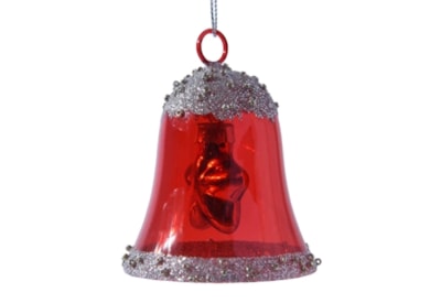 Glass Bell w Silver Glitter & Beads Christmas Red 7.5cm (121322)
