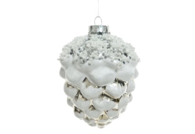 Glass Pinecone With Beads White 9cm (125668)