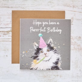 Cat Perfect Grey w Party Hat Birthday Card (4FY500)