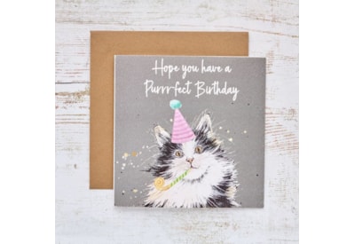 Cat Perfect Grey w Party Hat Birthday Card (4FY500)