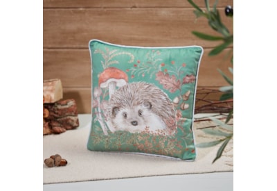 Woodland Rustic Hedgehog Cushion Green Velour (4WR100)