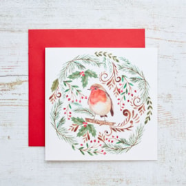 Folk Robin With Holly Wreath Christmas Card (4XS0191)