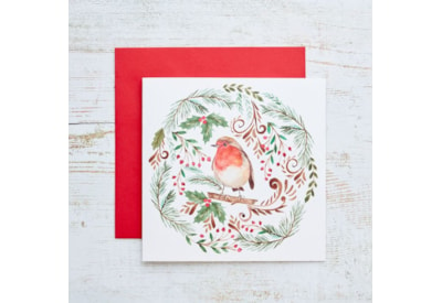 Folk Robin With Holly Wreath Christmas Card (4XS0191)