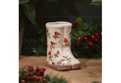 Xmas Robin Welly Planter White (7XA182)