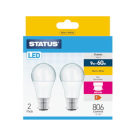 Status 9w Led Gls B22 Warm White Bulb 2pk (9SLGWB22P2B10)