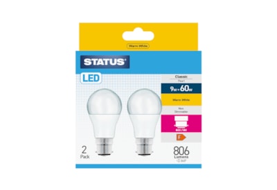 Status 9w Led Gls B22 Warm White Bulb 2pk (9SLGWB22P2B10)