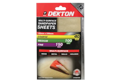 Dekton Assorted Sandpaper 230mm x 140mm 12 Sheets (DT80700)