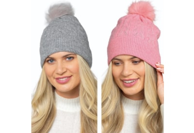 Ladies Cable Knit Hat w Diamante & Pom Pom (GL1156)