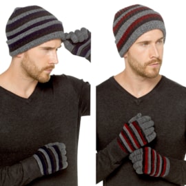 Mens Twist Yarn Stripe Knitted Hat & Gloves Set (GL1179)