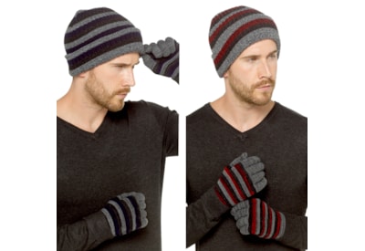 Mens Twist Yarn Stripe Knitted Hat & Gloves Set (GL1179)