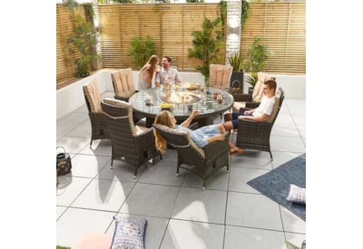 Nova Ruxley 8 Seat Dining Set & Fire Pit 1.8m Round Table Brown