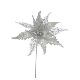 Festive Silver Poinsettia Stem With Glitter 53cm (P035358)