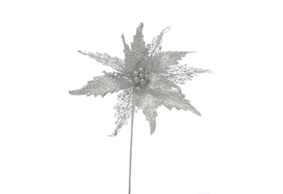 Festive Silver Poinsettia Stem With Glitter 53cm (P035358)