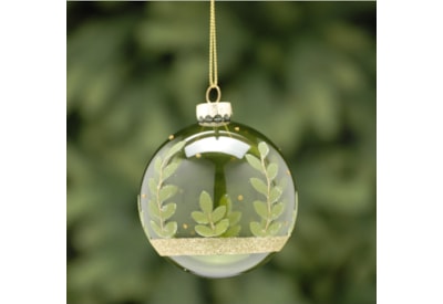 Festive Green/light Green Glitter Leaf Glass Ball 8cm (P039667)