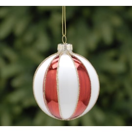 Festive Red/white Lines Gold Glitter Glass Ball 8cm (P039757)