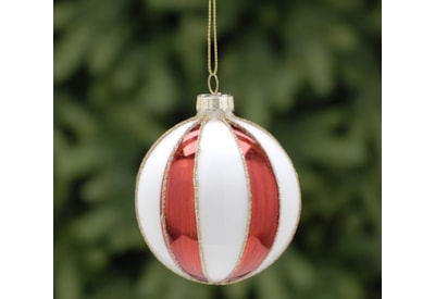 Festive Red/white Lines Gold Glitter Glass Ball 8cm (P039757)