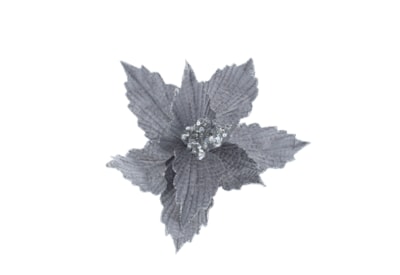 Festive Silver Poinsettia With Silver Glitter Clip On 26cm (P045196)