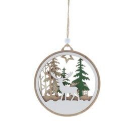 Festive Wooden White Disc With Reindeer Hanging Dec 12cm (P046442)