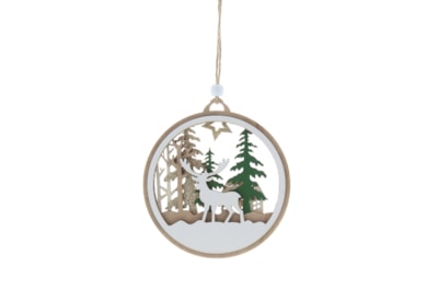 Festive Wooden White Disc With Reindeer Hanging Dec 12cm (P046442)