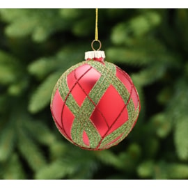 Festive Matt Red Glass w Grn Tartan Bauble 8cm (P048883)