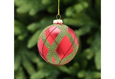 Festive Matt Red Glass w Grn Tartan Bauble 8cm (P048883)