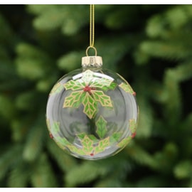 Festive Clear Glass w Green Holly Bauble 8cm (P048888)
