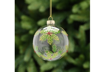 Festive Clear Glass With Green Holly Bauble 8cm (P048888)