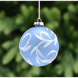 Festive Frosted Blue Glass With White Leaf 8cm (P048893)