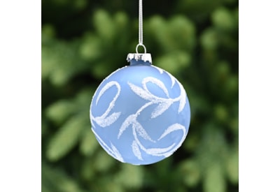 Festive Frosted Blue Glass With White Leaf 8cm (P048893)