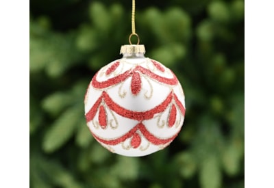 Festive Matt White Glass With Red Scallop Bauble 10cm (P048907)