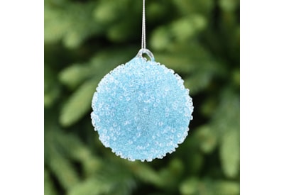 Festive Blue Ice Encrusted Glass Bauble 8cm (P048925)