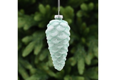 Festive Light Green Glass Pinecone With White Glitter 12cm (P048937)