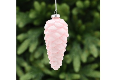 Festive Light Pink Glass Pinecone With White Glitter 12cm (P048938)