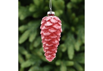 Festive Red Glass Pinecone With White Glitter 12cm (P048940)