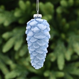 Festive Blue Glass Pinecone With White Glitter 13cm (P048945)