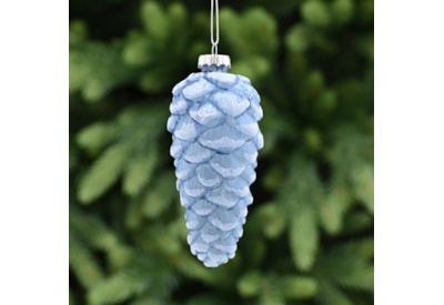 Festive Blue Glass Pinecone With White Glitter 13cm (P048945)