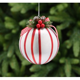 Festive Red & White Stripe With Ribbon Glass Bauble 10cm (P048950)